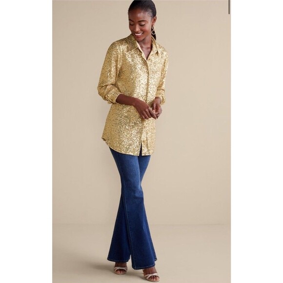 Soft Surroundings Sancerre Sequin Shirt Gold Button Up Petite Large 3GB2650802 - Picture 4 of 13